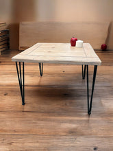 Load image into Gallery viewer, Vintage painted planked table, square, with hairpin legs
