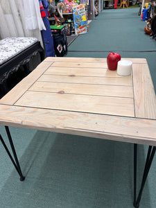 Vintage painted planked table, square, with hairpin legs