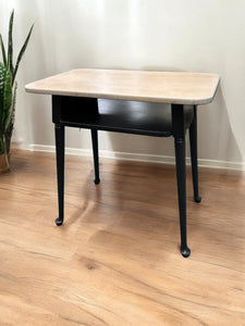 Vintage table with shelf, black, stained light wood top