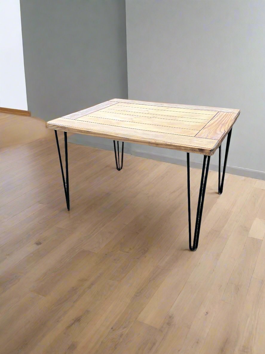 Vintage painted, stained, rectangle  planked top table with hairpin legs