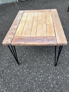 Vintage painted, stained, rectangle  planked top table with hairpin legs