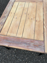 Load image into Gallery viewer, Vintage painted, stained, rectangle  planked top table with hairpin legs
