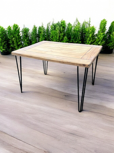 Vintage painted, stained, rectangle  planked top table with hairpin legs