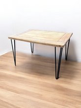 Load image into Gallery viewer, Vintage painted, stained, rectangle  planked top table with hairpin legs
